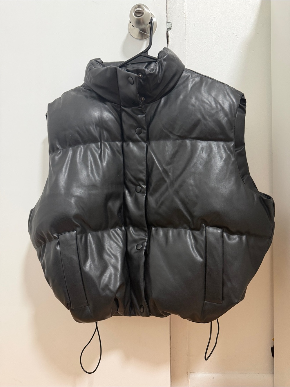 Puffer Vest - Black Faux Leather Sleeveless Jacket